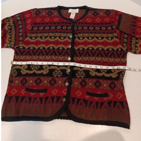 Vntage Tally Ho Fair Isle Black/Gold/Redtones Button Cardigan L-Sleeve - Picture 6 of 6
